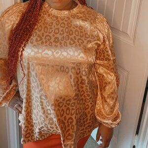 Chelsea Plus Size Mandarin Collar Leopard Print Satin Top